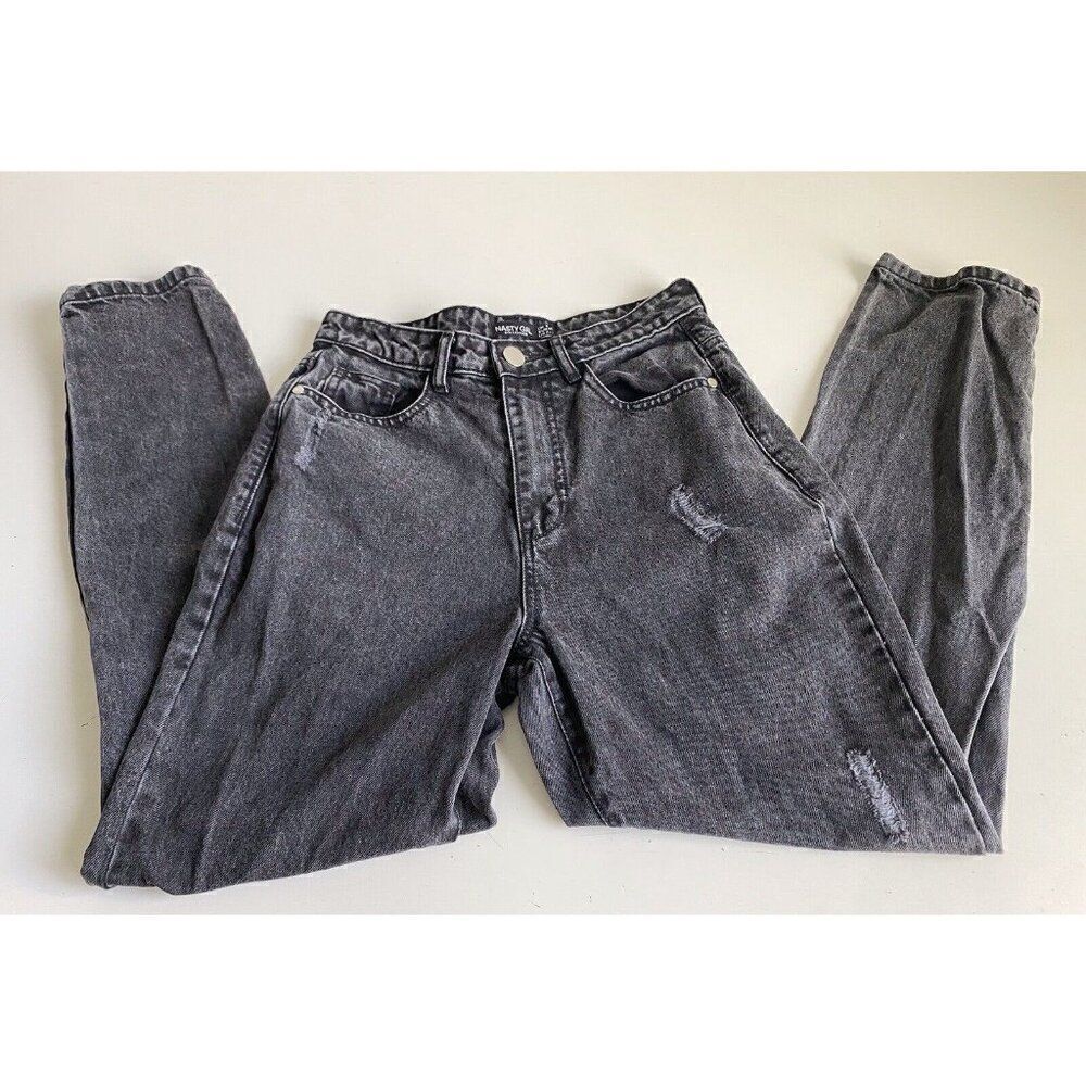 Nasty Gal Jeans Women’s Sz 2 Black Distressed Straight High Rise Denim‎ Pants